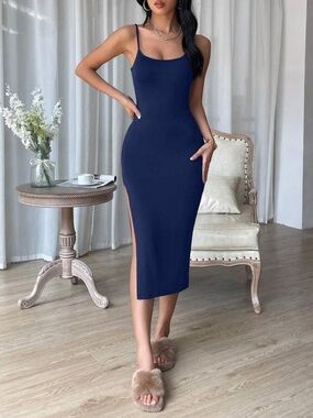SHEIN Navy Spaghetti-Strap Bodycon Midi Dress with Side Slit